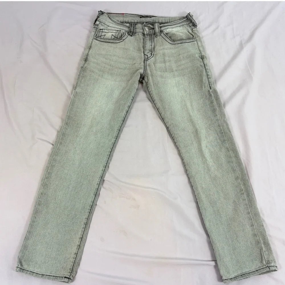 True Religion Mens Geno Jeans Grey Wash 31 Slim Straight Horseshoe‎ Stitch Denim